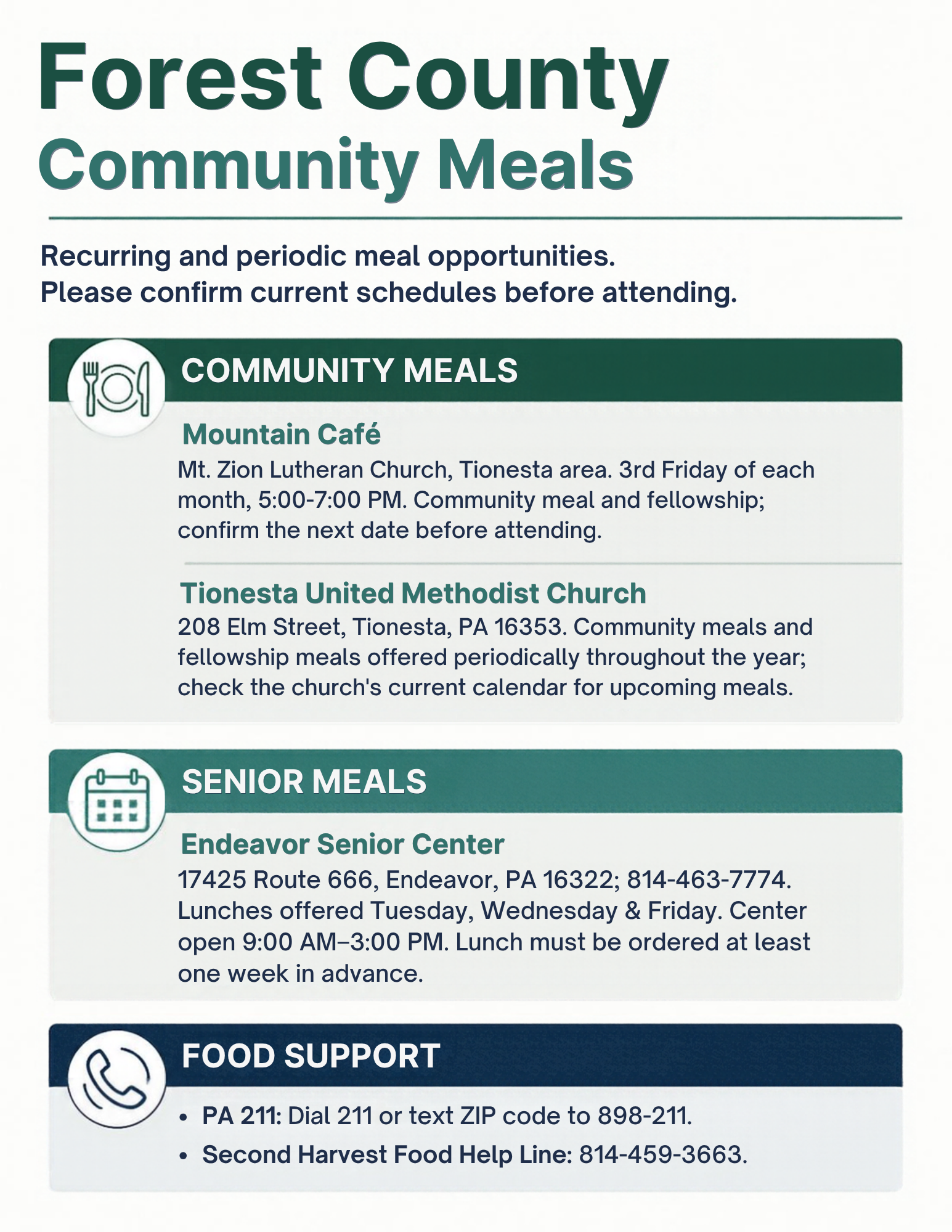 Updated Forest County community meals flyer with community meals, senior meals and food-support contacts. A readable text version is available immediately below.